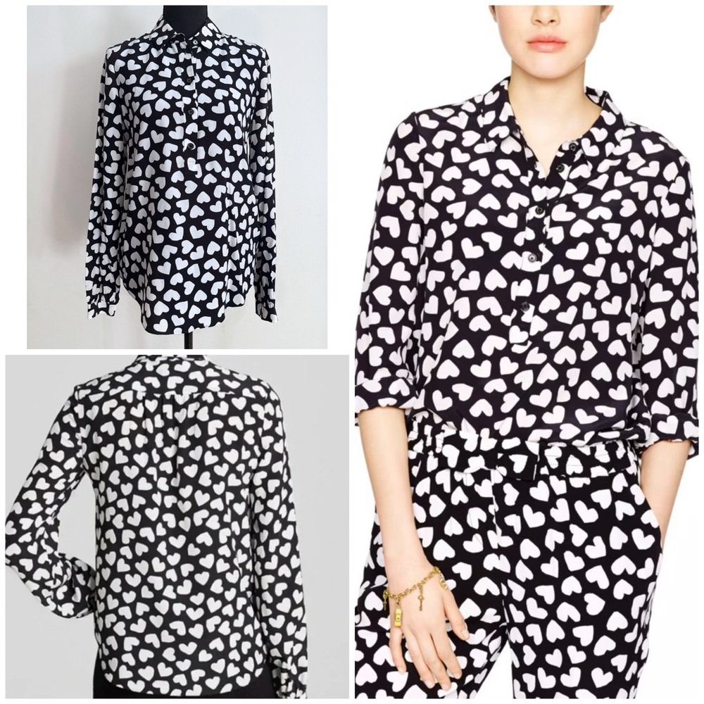 EUC kate spade Silk Viscose Black and White Heart Print Button-Down Shirt Blouse